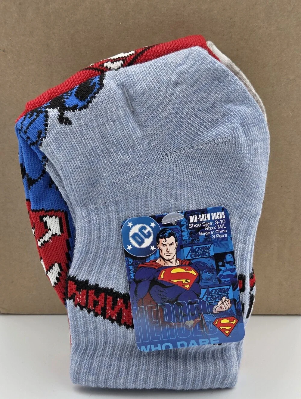 Superman Boys Mid-Crew Socks 3 Pair M/L 3-10 Nwt